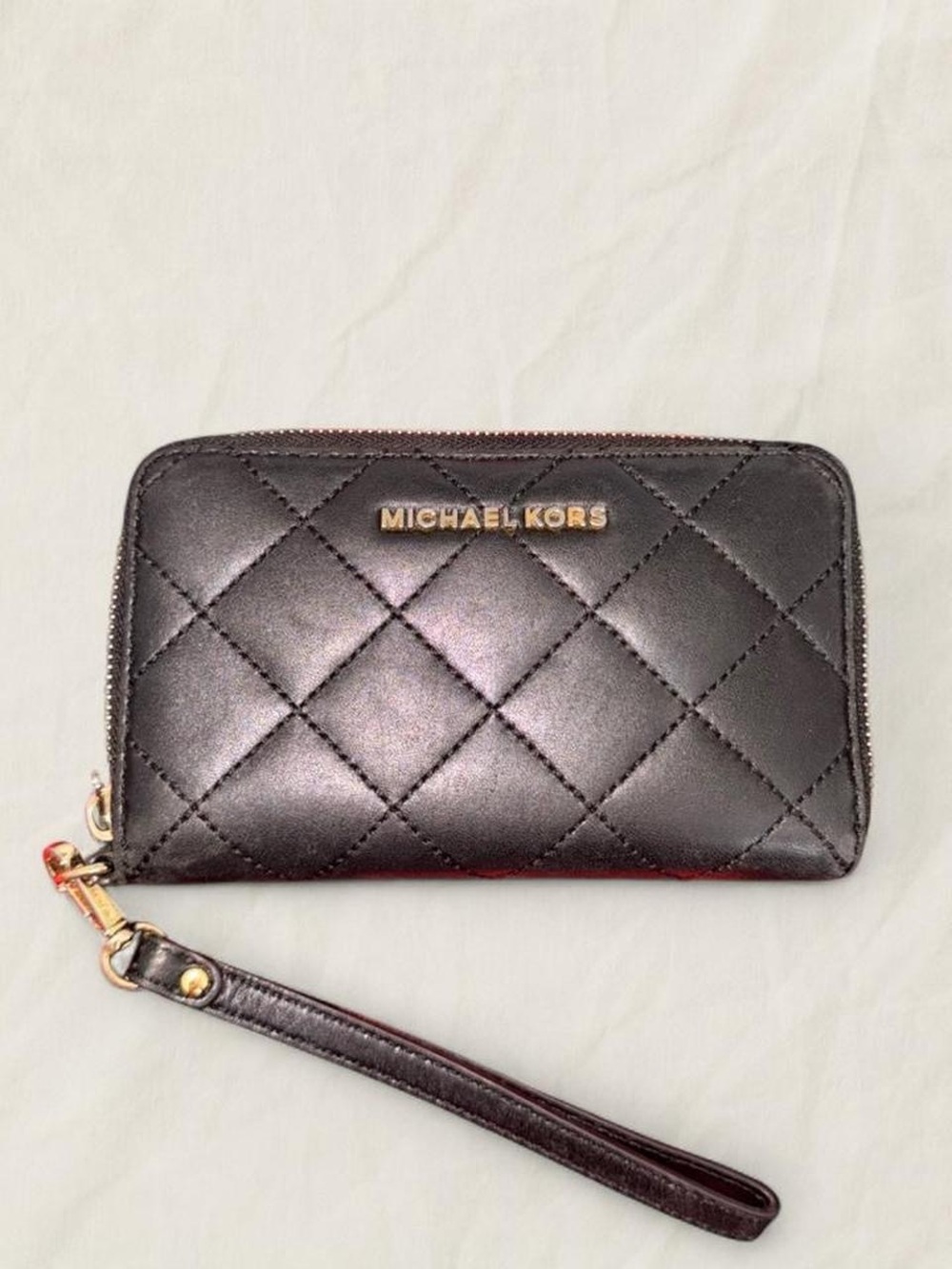 Michael Kors Black Quilted Leather Zip Wristlet with Gold Logo